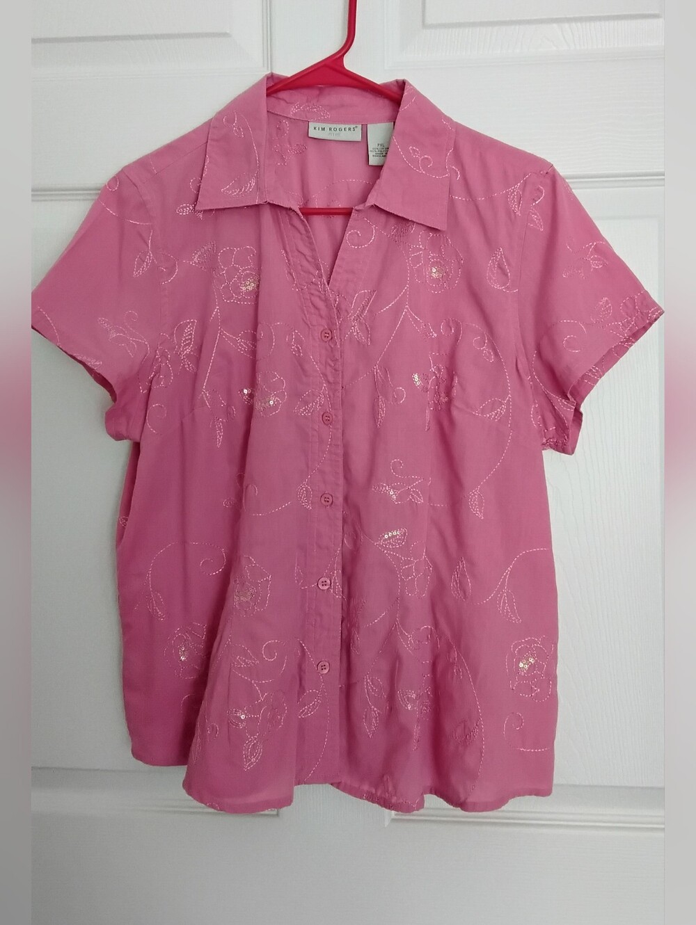 Kim Rogers Pink Short Sleeve Button-Front Shirt with Sequin Floral Detail